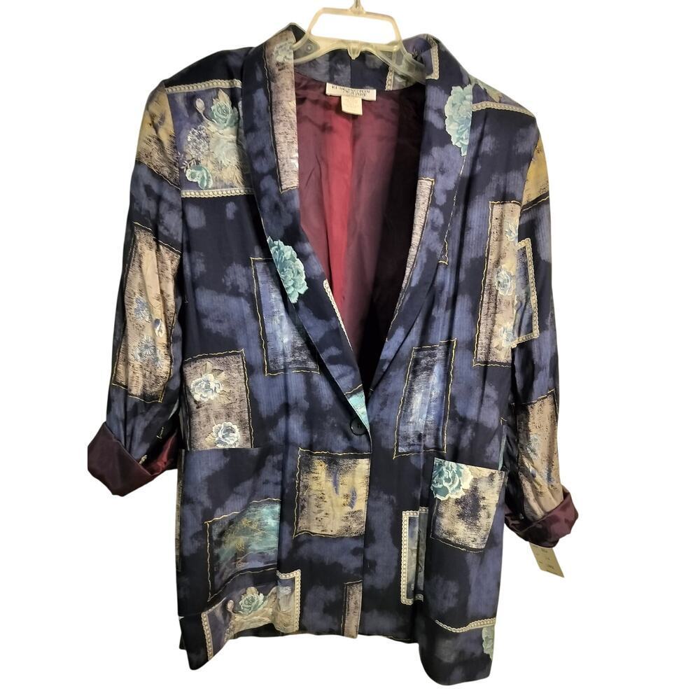 3182)Vtg Kensington Square Blue Coastal Floral Lined Single Button Jacket Size L
